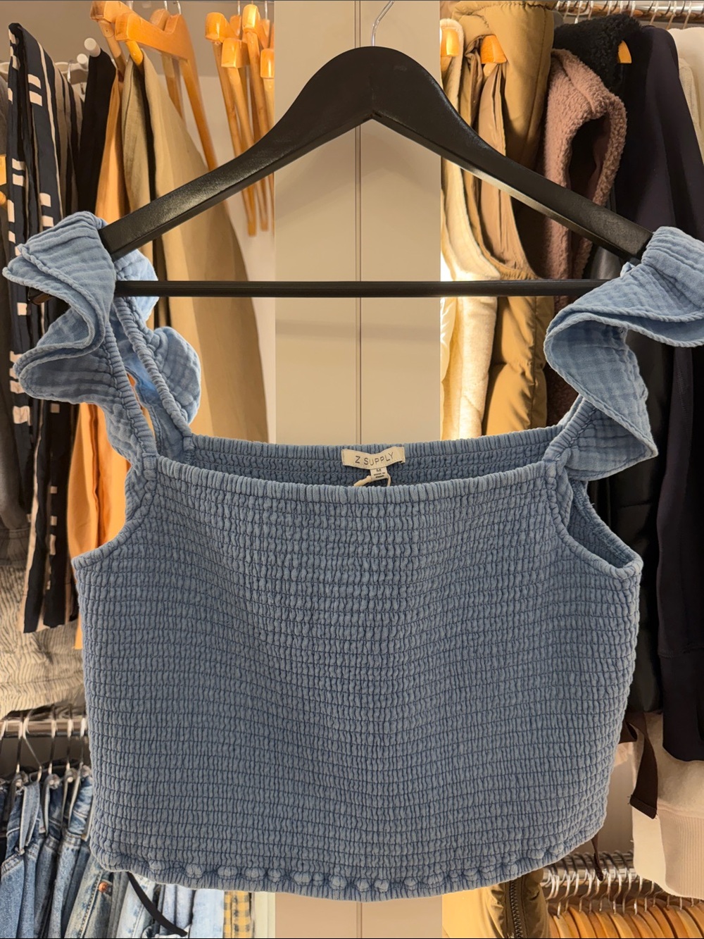 NWT Z Supply Light Blue Smocked Ruffle-Shoulder Crop Top